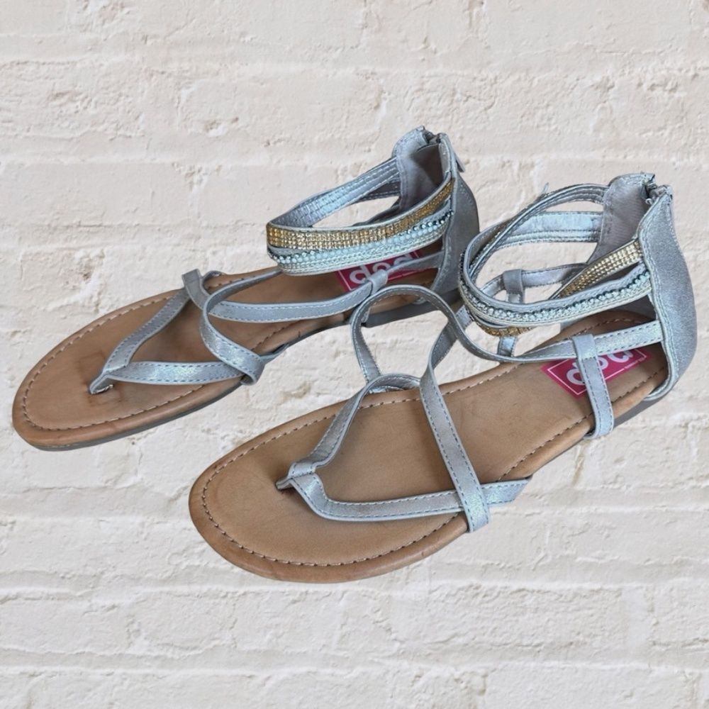 EDL Presents Pop Eiffel Antique Gold Embellished Strappy Sandal Size 8 1/2